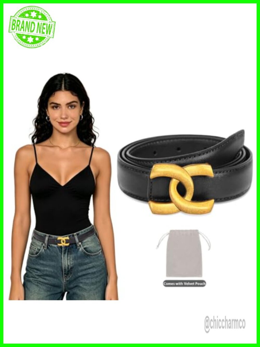 Gold Buckle Leather Belt for Jeans Dresses Pants Coats